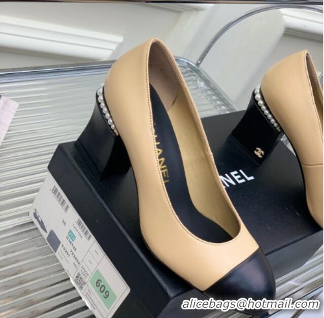 Unique Style Chanel Calfskin Pearls 4.5cm Heel Pumps 022724 Beige