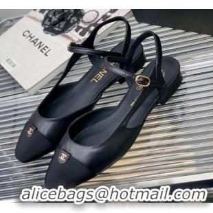 Top Grade Chanel Lambskin Flat Open Shoes with CC Tag Black 22727