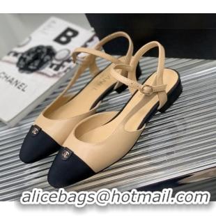 Good Quality Chanel Lambskin Flat Open Shoes with CC Tag Beige 022728