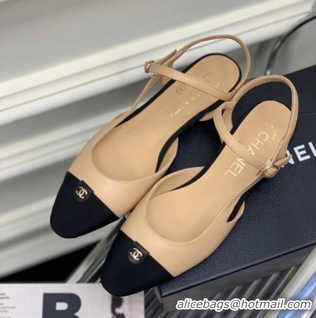 Good Quality Chanel Lambskin Flat Open Shoes with CC Tag Beige 022728