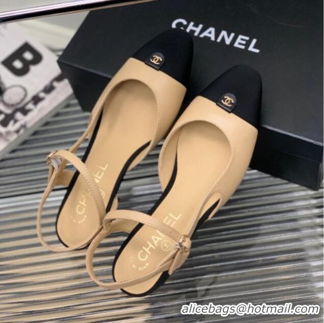 Good Quality Chanel Lambskin Flat Open Shoes with CC Tag Beige 022728