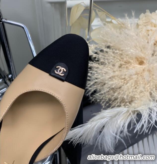 Good Quality Chanel Lambskin Flat Open Shoes with CC Tag Beige 022728