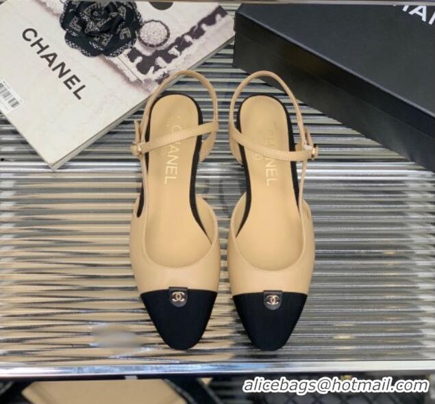 Good Quality Chanel Lambskin Flat Open Shoes with CC Tag Beige 022728