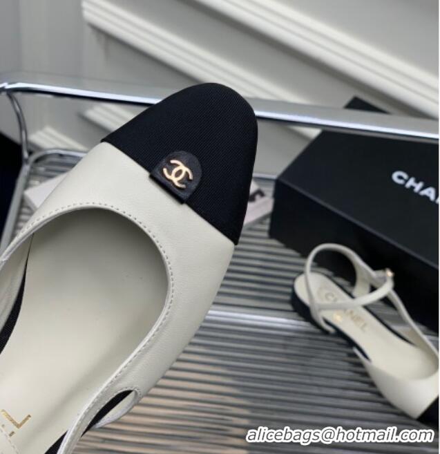 Purchase Chanel Lambskin Flat Open Shoes with CC Tag White 022729