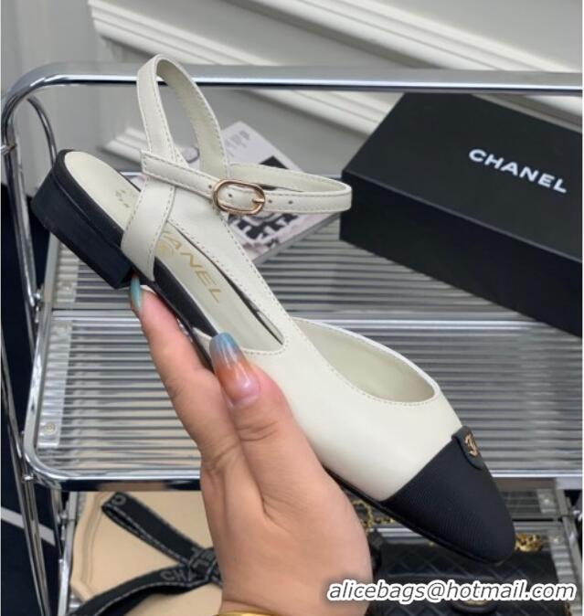 Purchase Chanel Lambskin Flat Open Shoes with CC Tag White 022729