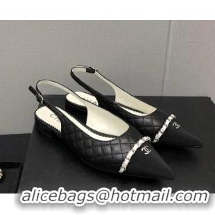 Grade Quality Chanel Quilted Leather & Grosgrain Slingback Flat with Chain G39643 Black 022730