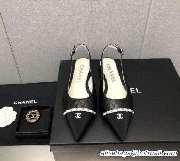 Grade Quality Chanel Quilted Leather & Grosgrain Slingback Flat with Chain G39643 Black 022730