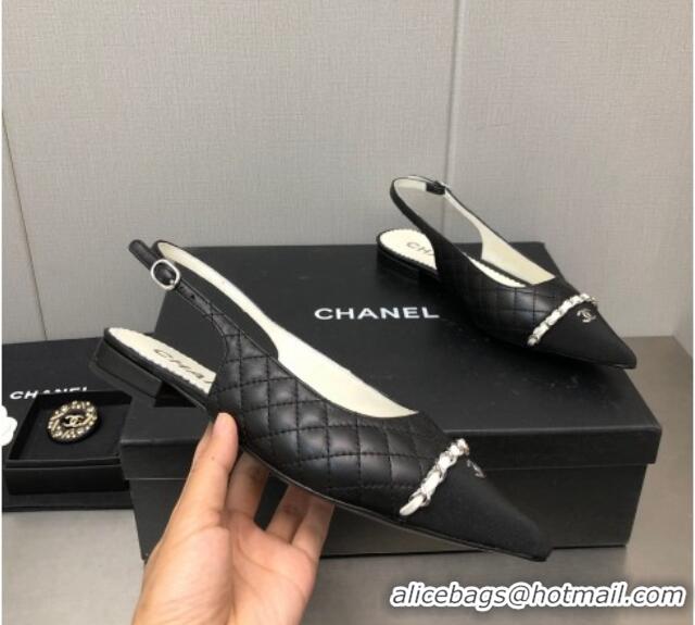 Grade Quality Chanel Quilted Leather & Grosgrain Slingback Flat with Chain G39643 Black 022730