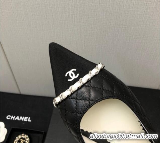 Grade Quality Chanel Quilted Leather & Grosgrain Slingback Flat with Chain G39643 Black 022730