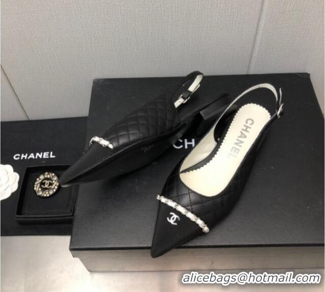 Grade Quality Chanel Quilted Leather & Grosgrain Slingback Flat with Chain G39643 Black 022730