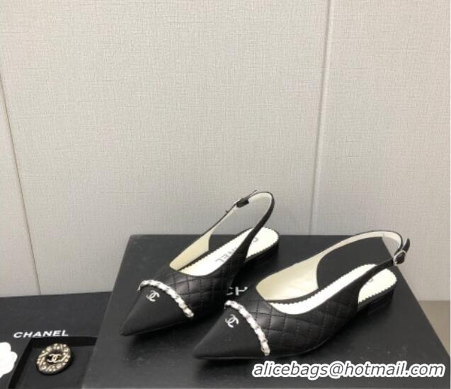 Grade Quality Chanel Quilted Leather & Grosgrain Slingback Flat with Chain G39643 Black 022730