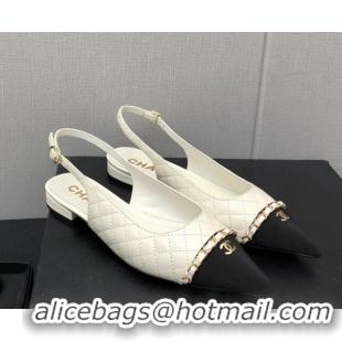 Durable Chanel Quilted Leather & Grosgrain Slingback Flat with Chain G39643 White 022731