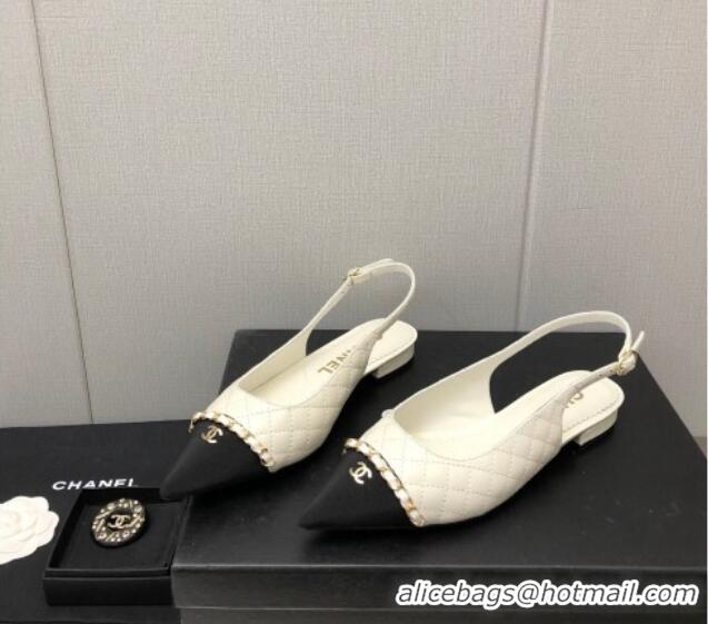 Durable Chanel Quilted Leather & Grosgrain Slingback Flat with Chain G39643 White 022731