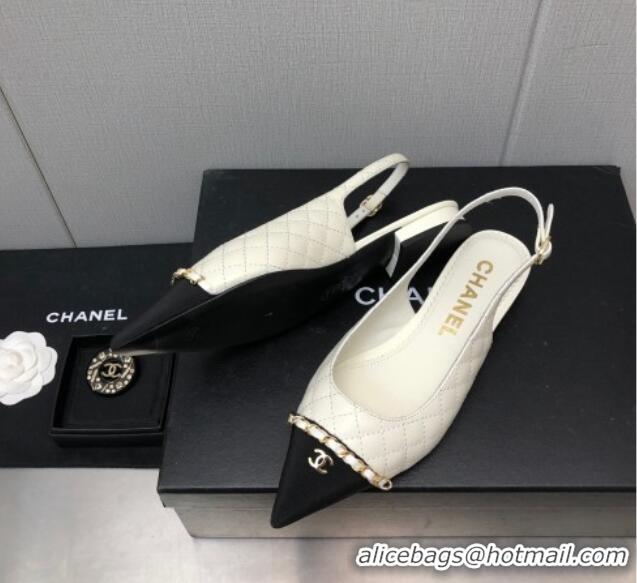 Durable Chanel Quilted Leather & Grosgrain Slingback Flat with Chain G39643 White 022731