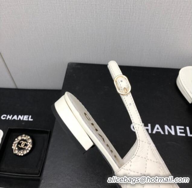 Durable Chanel Quilted Leather & Grosgrain Slingback Flat with Chain G39643 White 022731