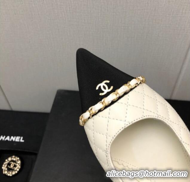 Durable Chanel Quilted Leather & Grosgrain Slingback Flat with Chain G39643 White 022731