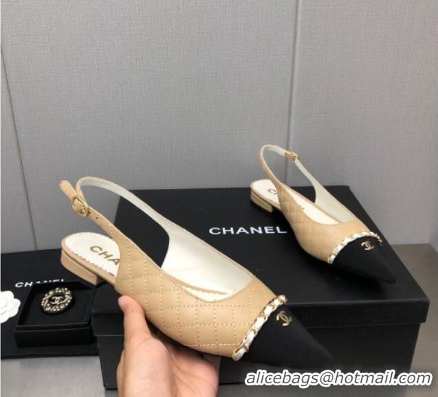 Best Grade Chanel Quilted Leather & Grosgrain Slingback Flat with Chain G39643 Beige 022732