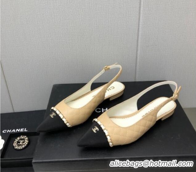 Best Grade Chanel Quilted Leather & Grosgrain Slingback Flat with Chain G39643 Beige 022732