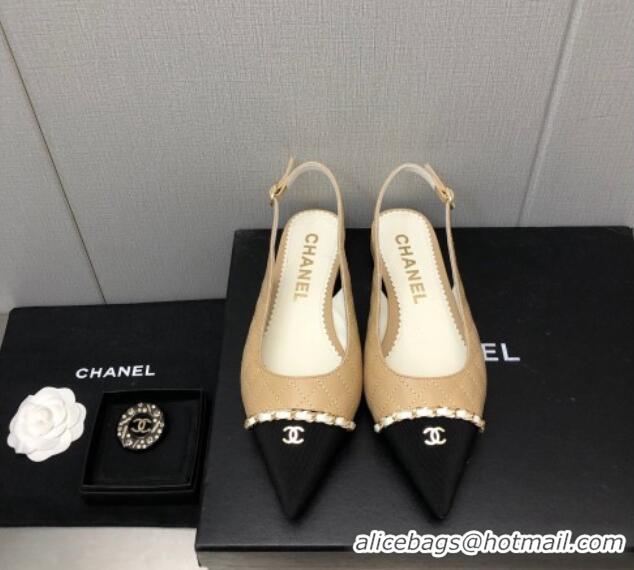 Best Grade Chanel Quilted Leather & Grosgrain Slingback Flat with Chain G39643 Beige 022732