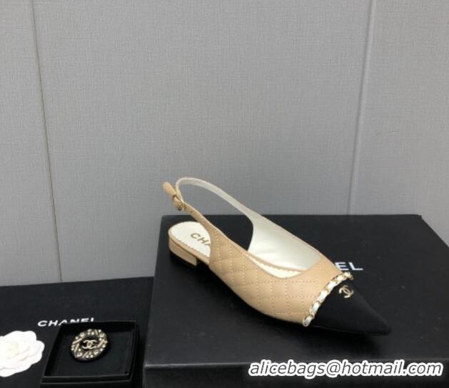 Best Grade Chanel Quilted Leather & Grosgrain Slingback Flat with Chain G39643 Beige 022732