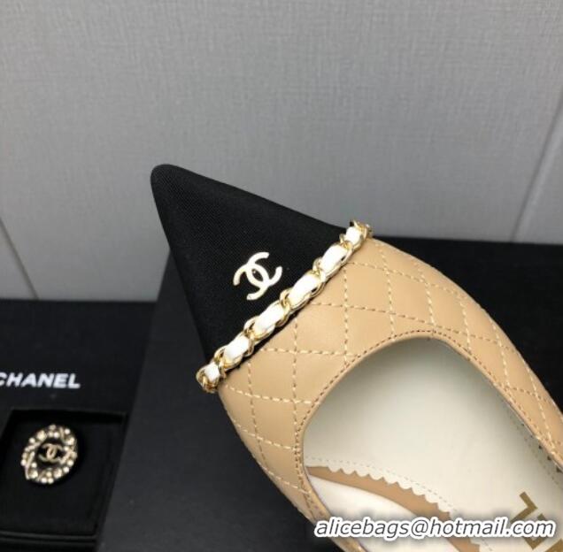 Best Grade Chanel Quilted Leather & Grosgrain Slingback Flat with Chain G39643 Beige 022732