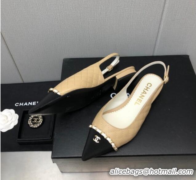 Best Grade Chanel Quilted Leather & Grosgrain Slingback Flat with Chain G39643 Beige 022732