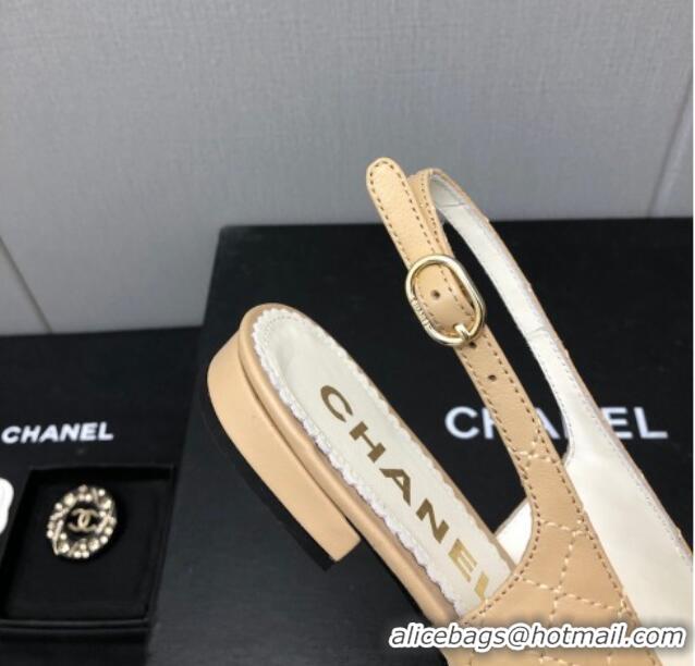 Best Grade Chanel Quilted Leather & Grosgrain Slingback Flat with Chain G39643 Beige 022732