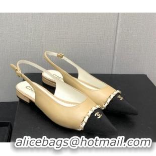 Best Price Chanel Calfskin & Grosgrain Slingback Flat with Chain G39643 Beige 022733