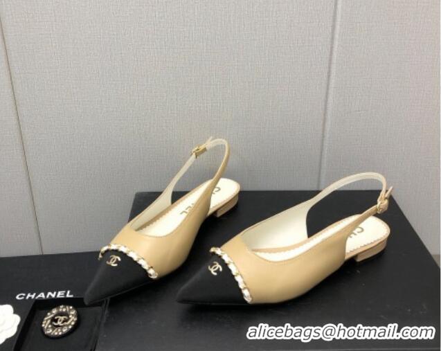 Best Price Chanel Calfskin & Grosgrain Slingback Flat with Chain G39643 Beige 022733