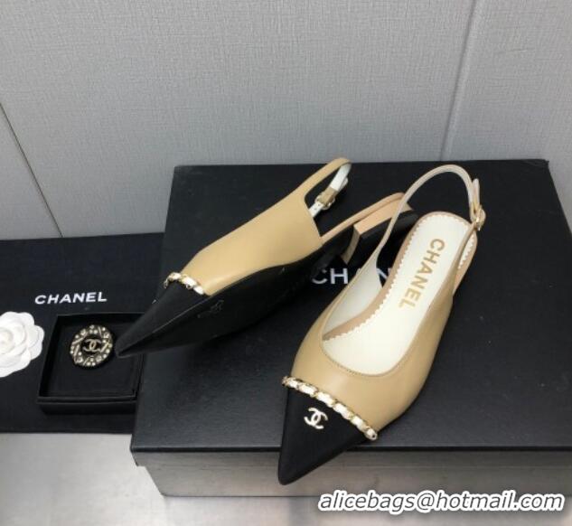 Best Price Chanel Calfskin & Grosgrain Slingback Flat with Chain G39643 Beige 022733