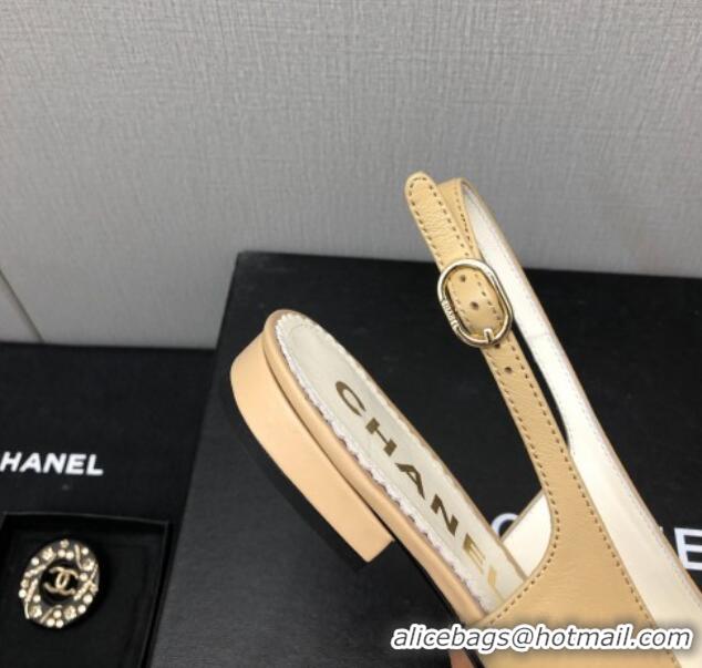 Best Price Chanel Calfskin & Grosgrain Slingback Flat with Chain G39643 Beige 022733