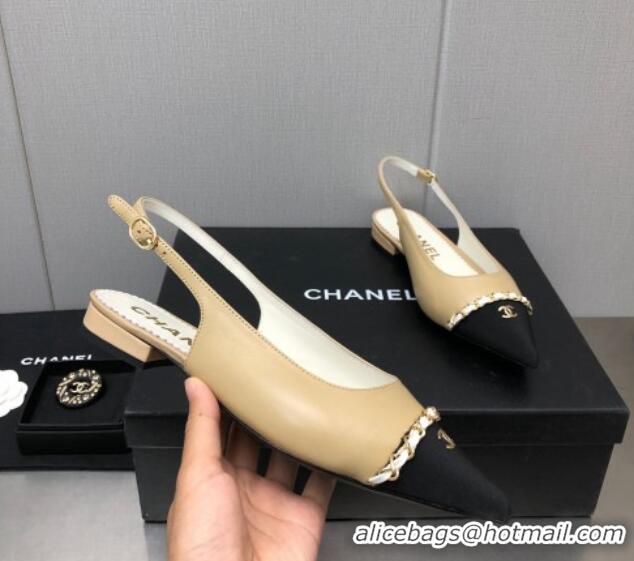 Best Price Chanel Calfskin & Grosgrain Slingback Flat with Chain G39643 Beige 022733