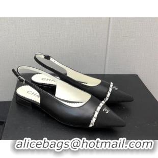 Discount Chanel Calfskin & Grosgrain Slingback Flat with Chain G39643 Black 022734