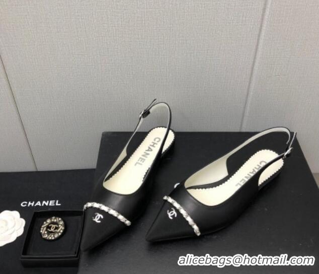 Discount Chanel Calfskin & Grosgrain Slingback Flat with Chain G39643 Black 022734