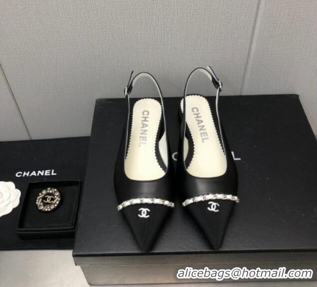 Discount Chanel Calfskin & Grosgrain Slingback Flat with Chain G39643 Black 022734