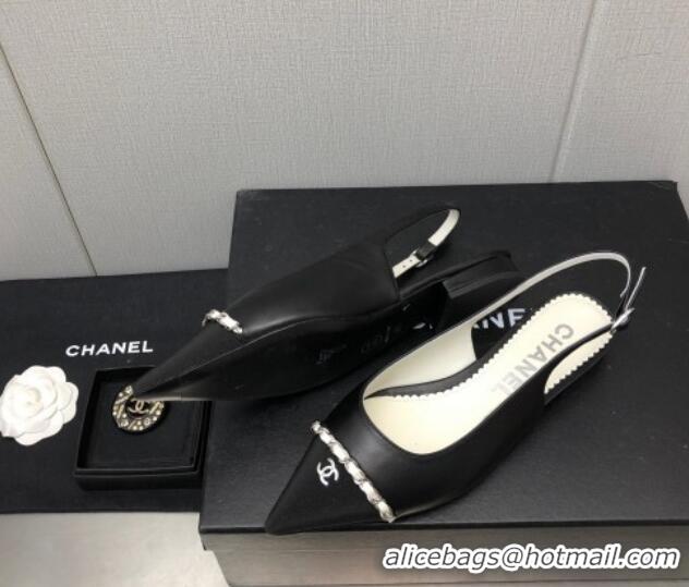 Discount Chanel Calfskin & Grosgrain Slingback Flat with Chain G39643 Black 022734