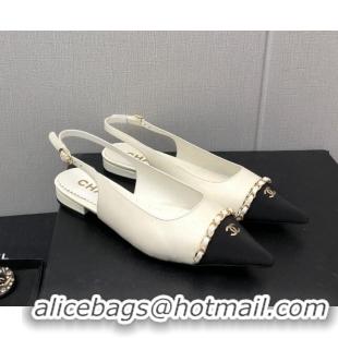 Most Popular Chanel Calfskin & Grosgrain Slingback Flat with Chain G39643 White 022735