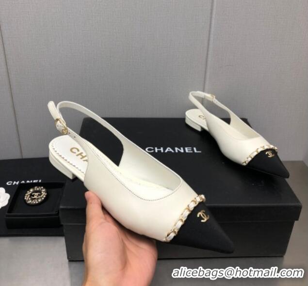 Most Popular Chanel Calfskin & Grosgrain Slingback Flat with Chain G39643 White 022735