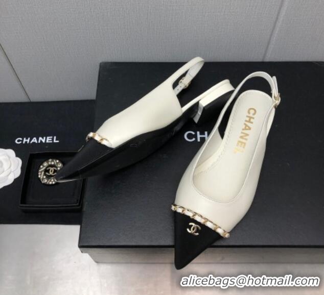 Most Popular Chanel Calfskin & Grosgrain Slingback Flat with Chain G39643 White 022735