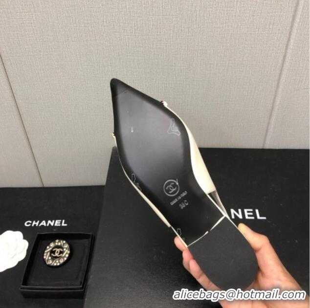 Most Popular Chanel Calfskin & Grosgrain Slingback Flat with Chain G39643 White 022735