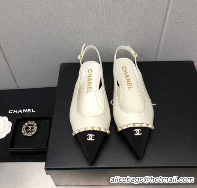 Most Popular Chanel Calfskin & Grosgrain Slingback Flat with Chain G39643 White 022735