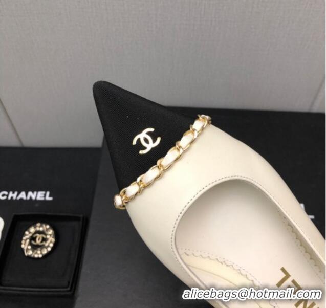 Most Popular Chanel Calfskin & Grosgrain Slingback Flat with Chain G39643 White 022735