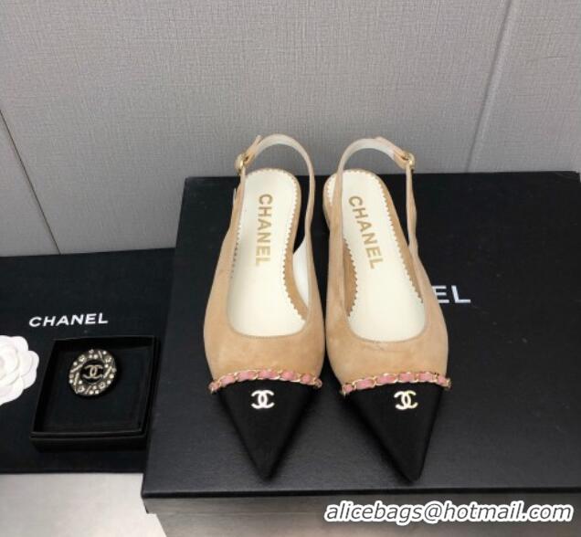 Fashion Chanel Suede & Grosgrain Slingback Flat with Chain G39643 Beige 022736