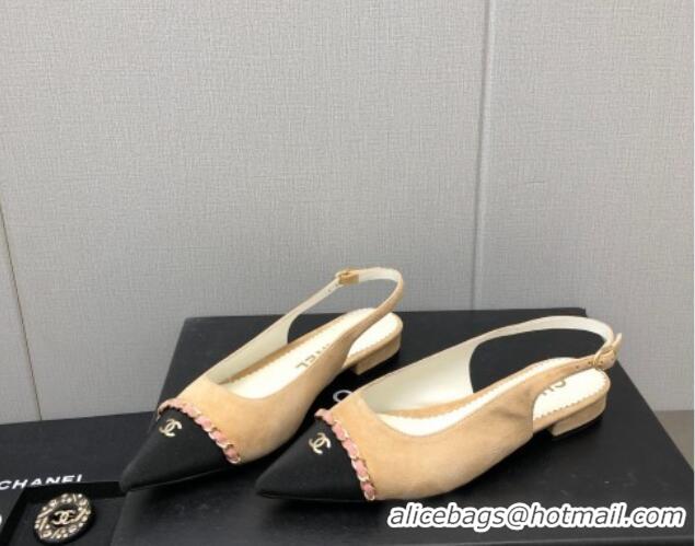 Fashion Chanel Suede & Grosgrain Slingback Flat with Chain G39643 Beige 022736