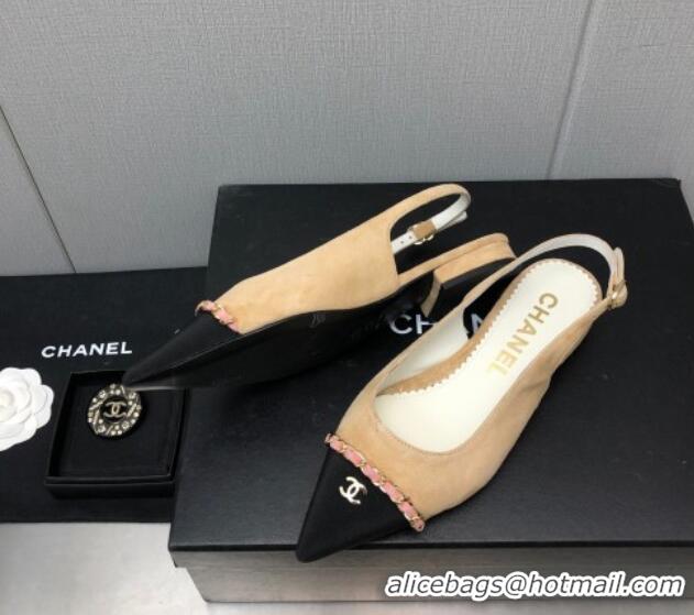 Fashion Chanel Suede & Grosgrain Slingback Flat with Chain G39643 Beige 022736