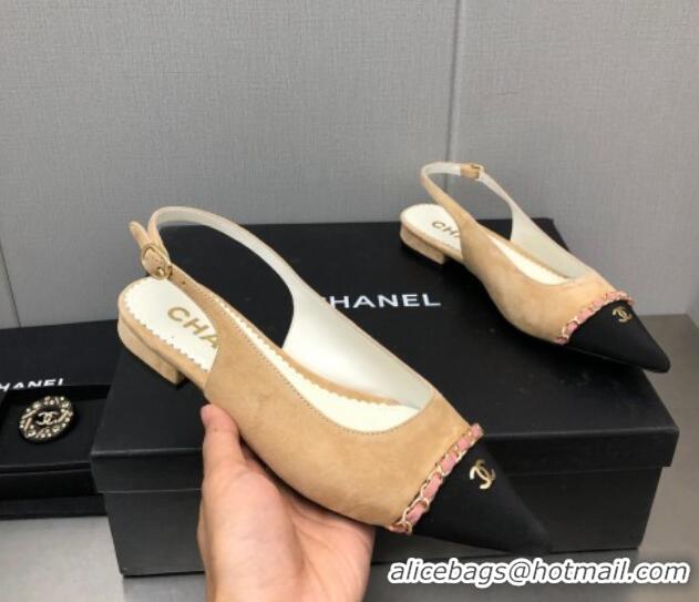 Fashion Chanel Suede & Grosgrain Slingback Flat with Chain G39643 Beige 022736