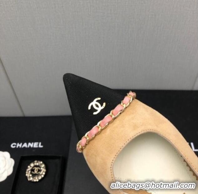 Fashion Chanel Suede & Grosgrain Slingback Flat with Chain G39643 Beige 022736