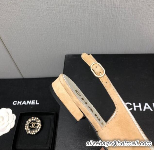 Fashion Chanel Suede & Grosgrain Slingback Flat with Chain G39643 Beige 022736