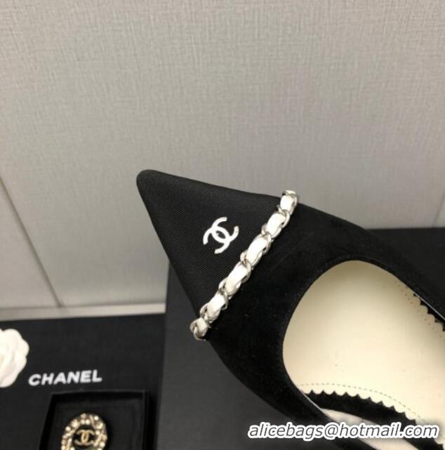 Classic Hot Chanel Suede & Grosgrain Slingback Flat with Chain G39643 Black 022737