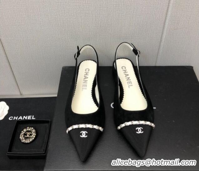 Classic Hot Chanel Suede & Grosgrain Slingback Flat with Chain G39643 Black 022737